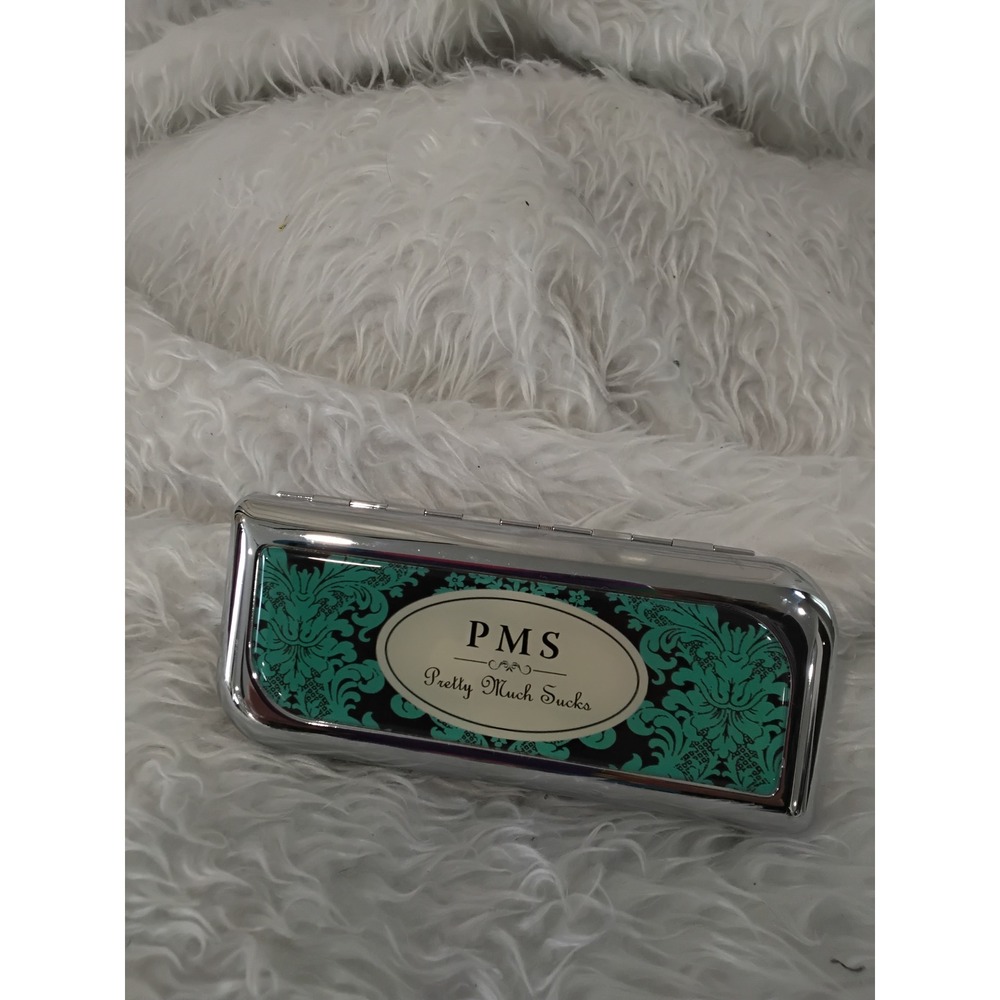 PMS Pretty Much Sucks metal stash tin /eye glasses Teal Black Damascus Floral